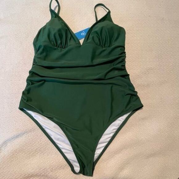 Cupshe Womens 1 Piece Swimsuit Large Green Ruched Tummy Control Adjustable Strap - Picture 3 of 9